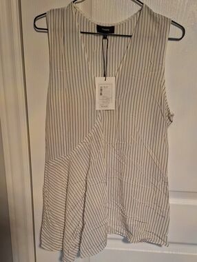 Theory White Sleeveless Top with Black Pinstripes
